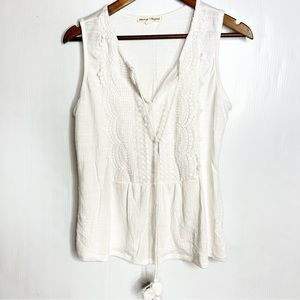 Above and Beyond Womens Medium White Sleeveless Crochet Tassel Tie Top